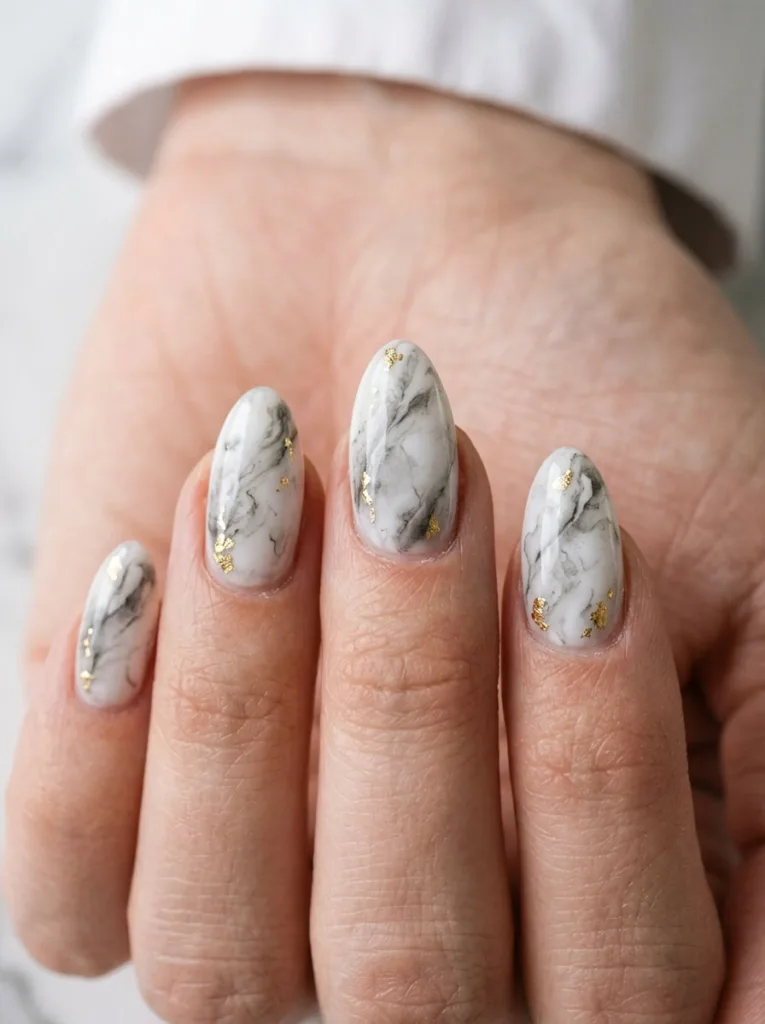 Hand with marble-effect burgundy nails on a matching marble countertop