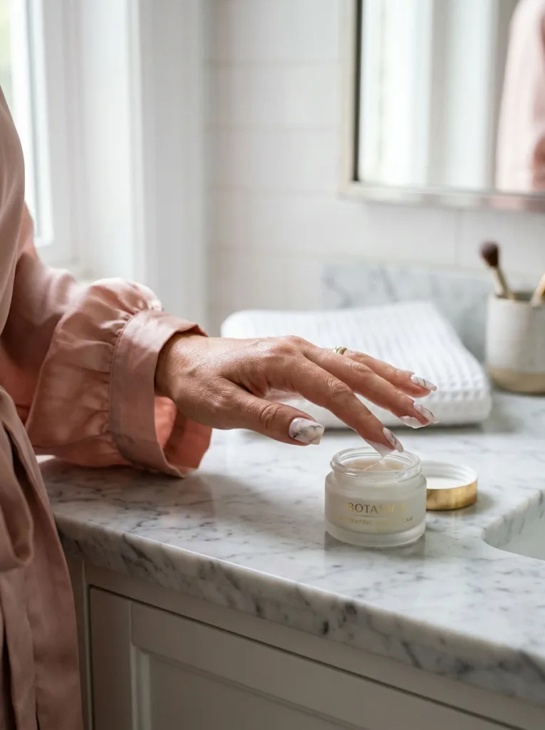 Fair-skinned hand with marble swirl nude square winter nails applying hand cream on a marble vanity