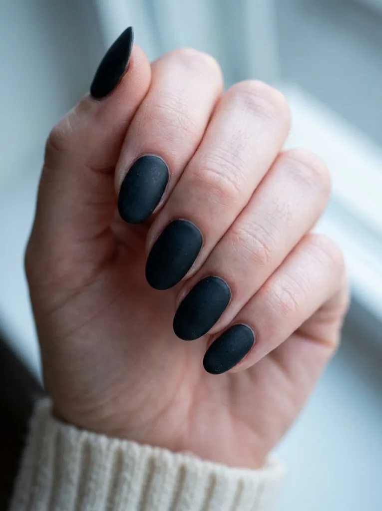 Close-up of a hand with matte black nails, chin resting on knuckles, nails