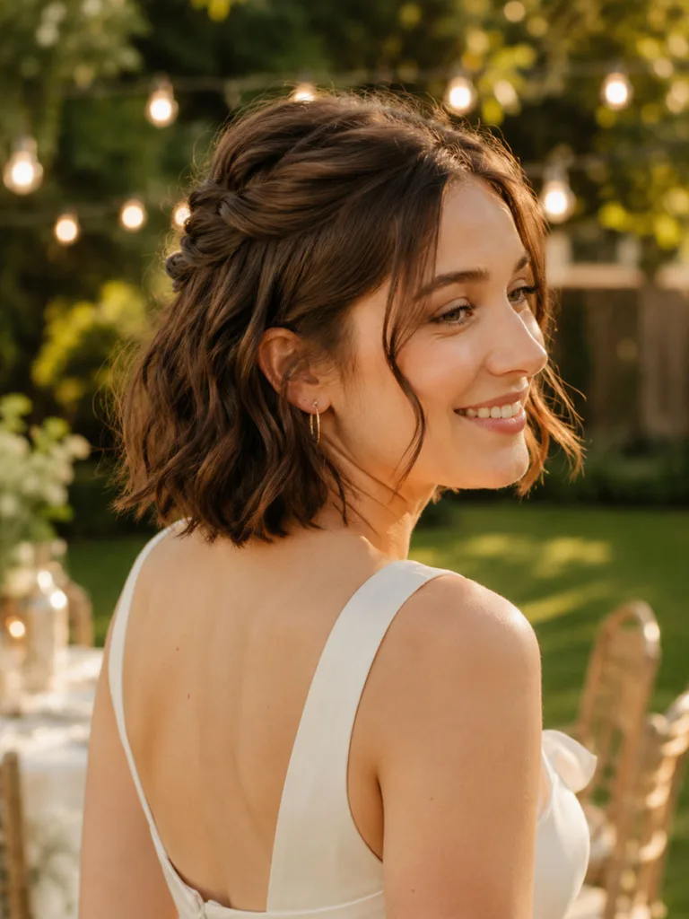 Messy half up hairstyle styled for short hair at a casual wedding