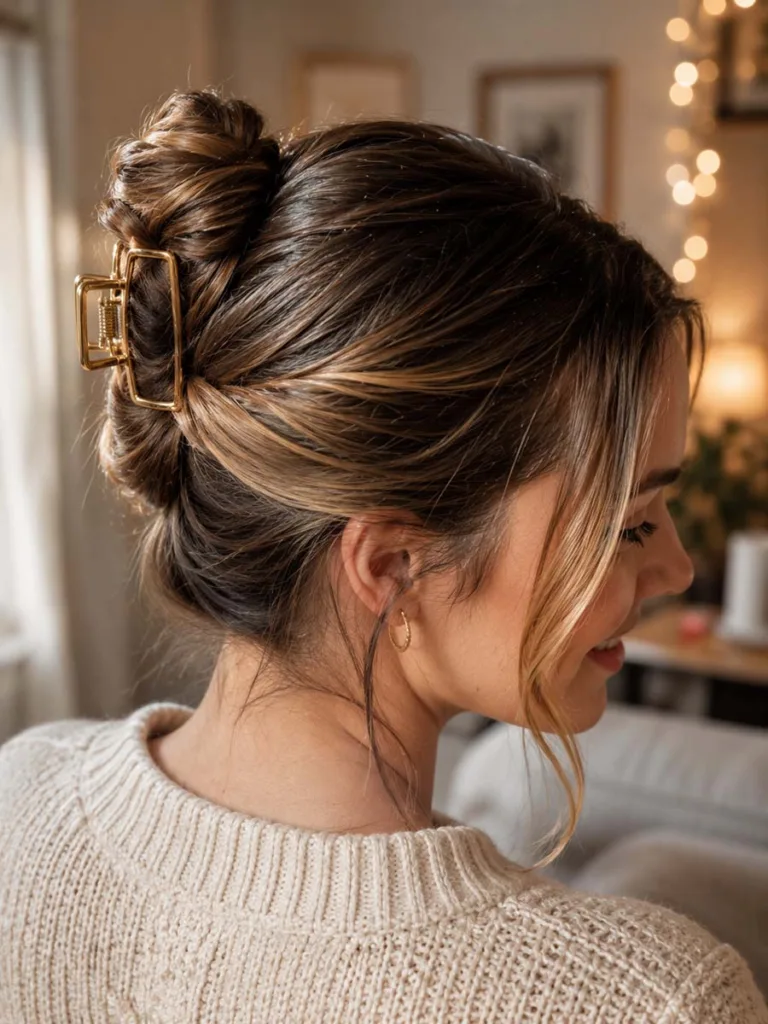 Close-up of a messy high bun christmas hairstyle with a gold claw clip
