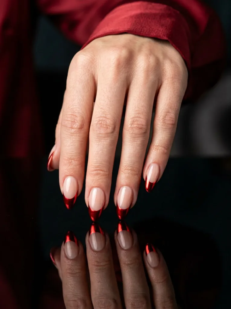 Hand with metallic red chrome French tip nails on a glossy reflective black surface