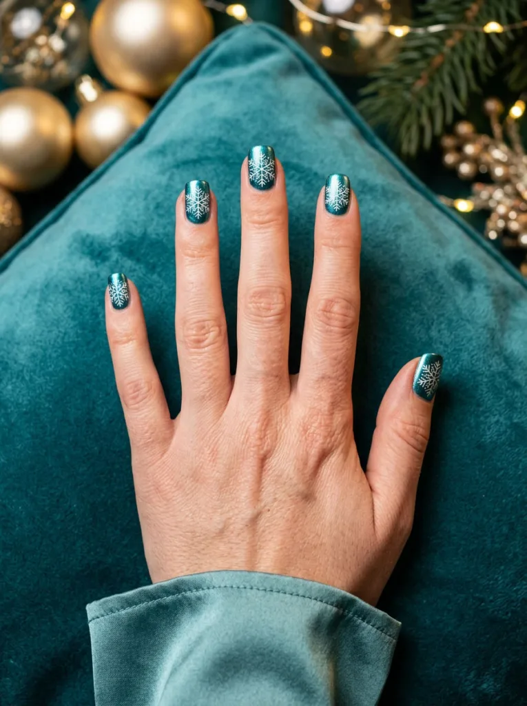 Fair-skinned hand flat on a teal cushion showing metallic teal snowflake christmas nails.