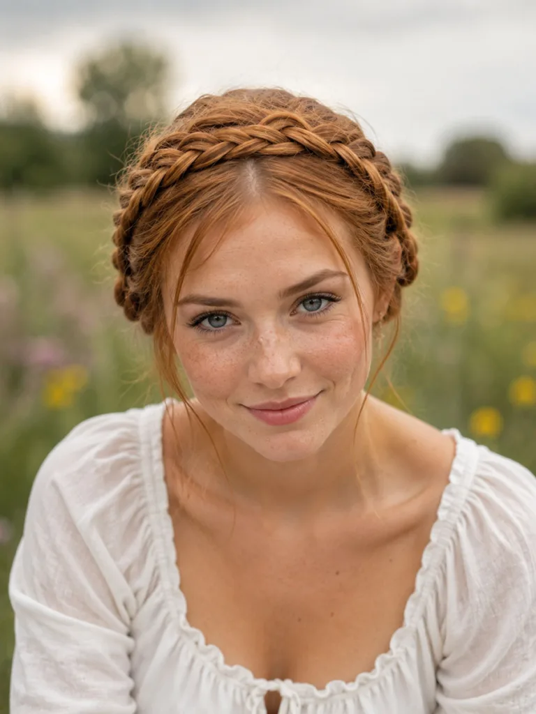 Woman with a milkmaid braid crown hairstyle on long hair