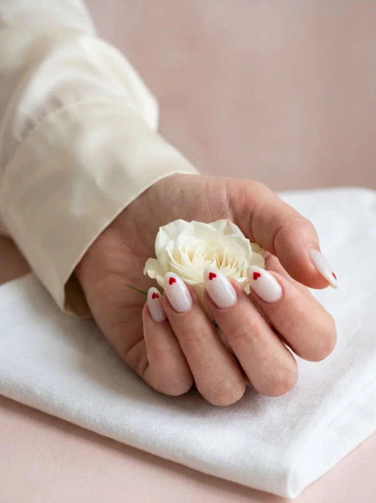 Fair-skinned hand with milky white almond nails and tiny red heart accents