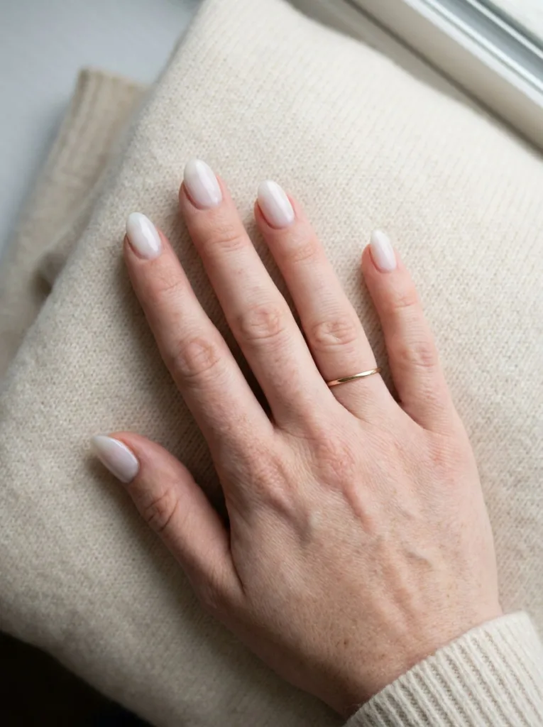 Fair-skinned hand with milky white simple winter nails resting on a cream cashmere sweater