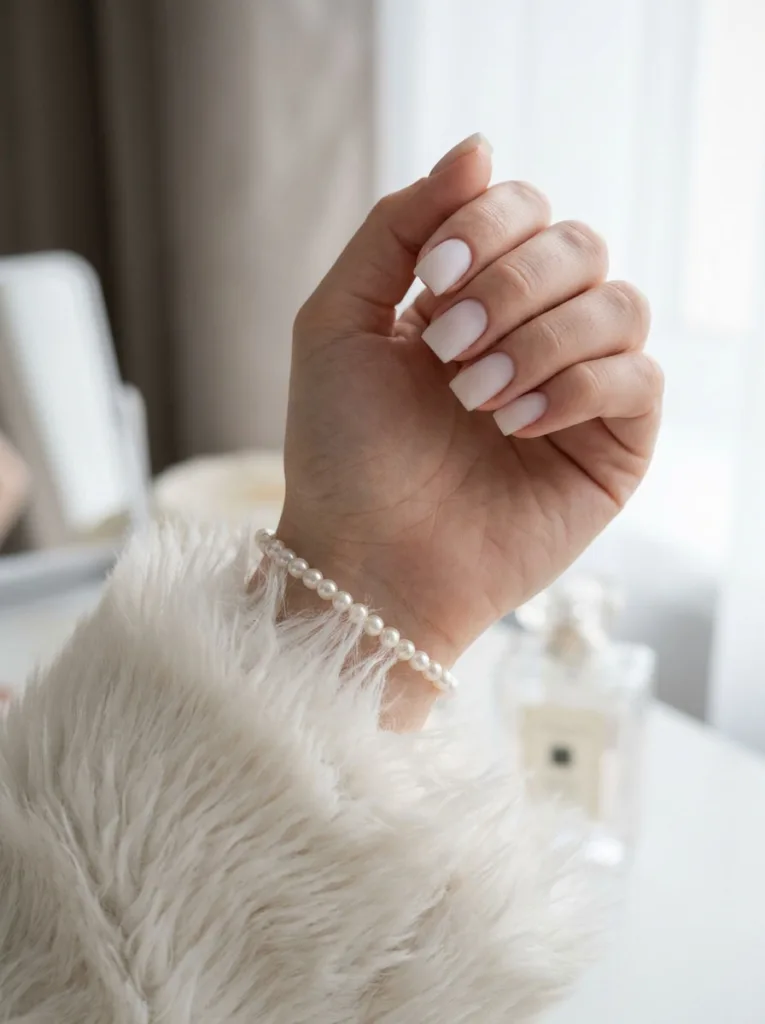 Fair-skinned hand with sheer milky white square winter nails adjusting a pearl bracelet