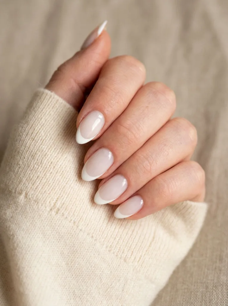 Milky white sheer base with crisp white French tips on almond-shaped winter nails