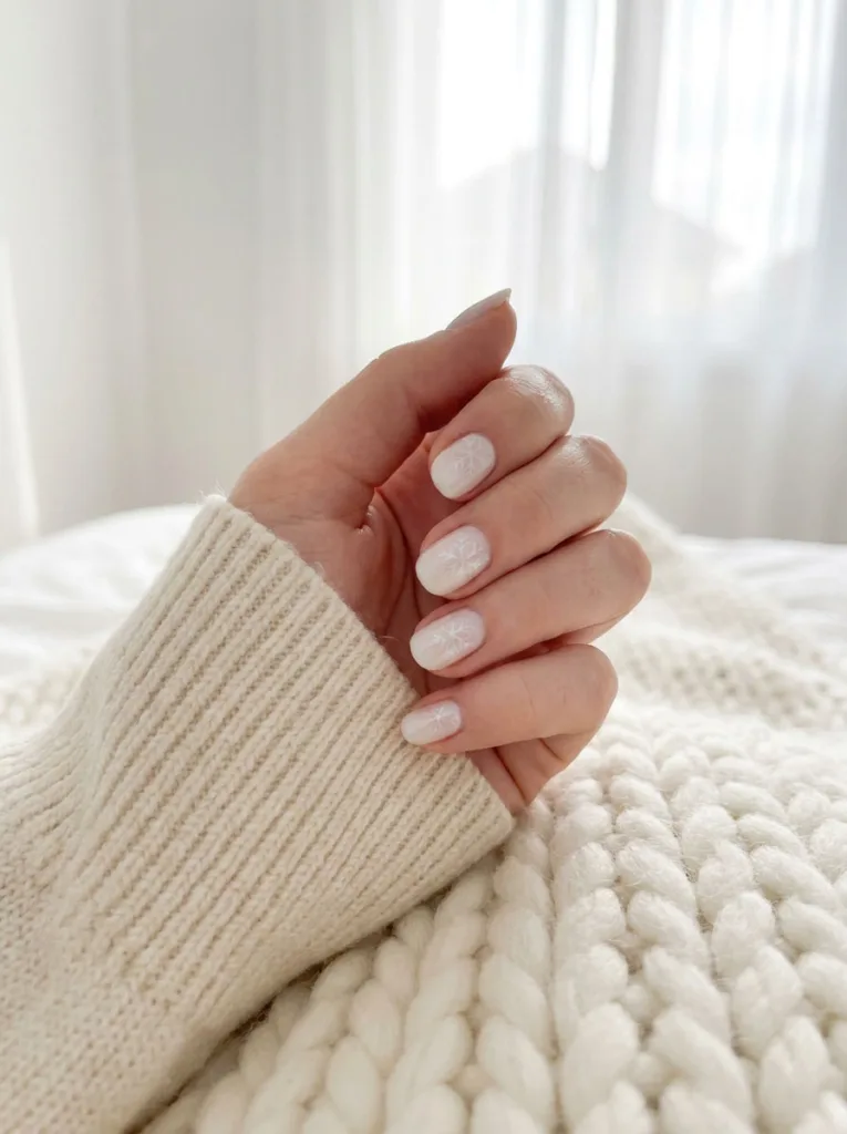 Fair-skinned hand resting on a knit blanket showing milky white snowflake christmas nails.