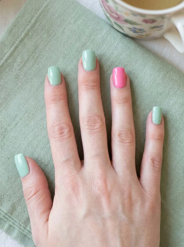 Mint green new years nails with a bright pink accent nail