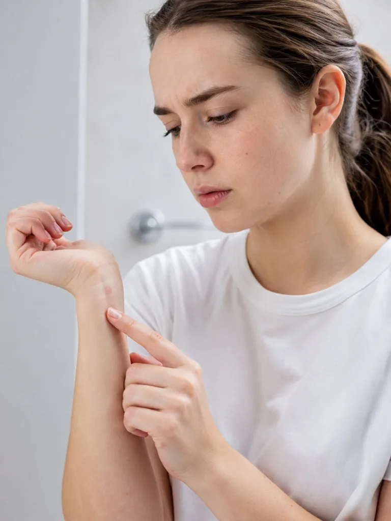 Woman in her 20s patch testing a new skincare product to avoid common skin aging mistakes