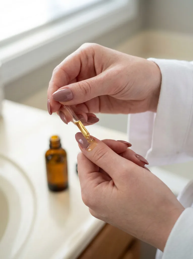 Fair-skinned hand applying cuticle oil to almond shaped valentine nails