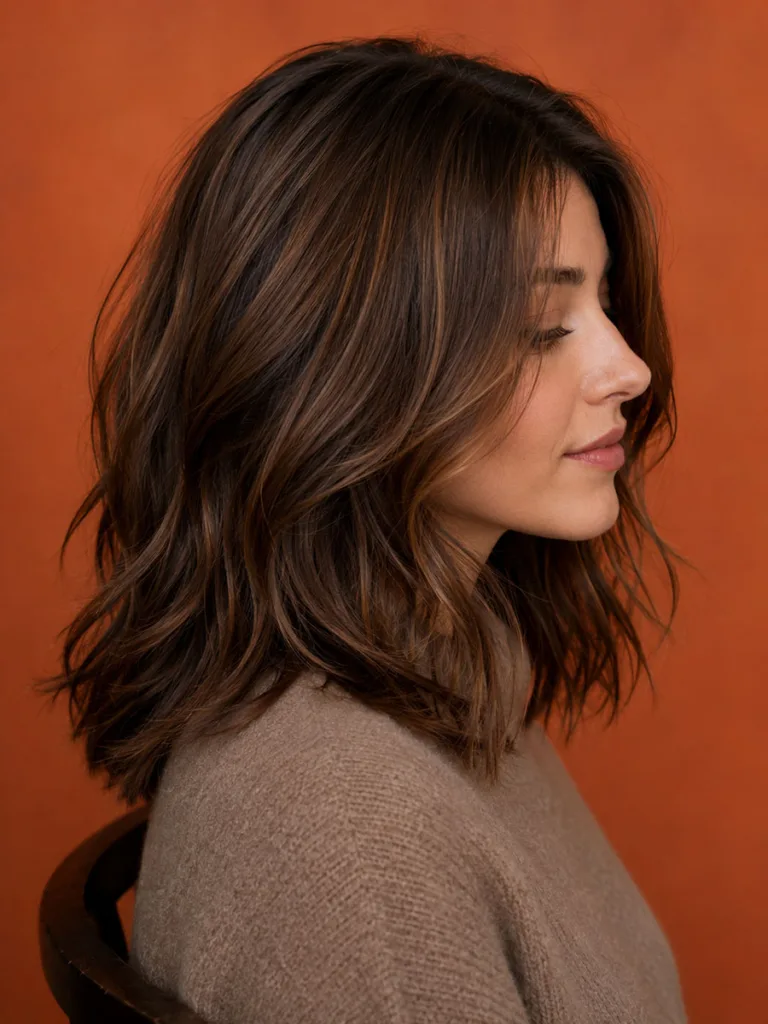 Softly blended mocha brown highlights against a vibrant terracotta studio backdrop