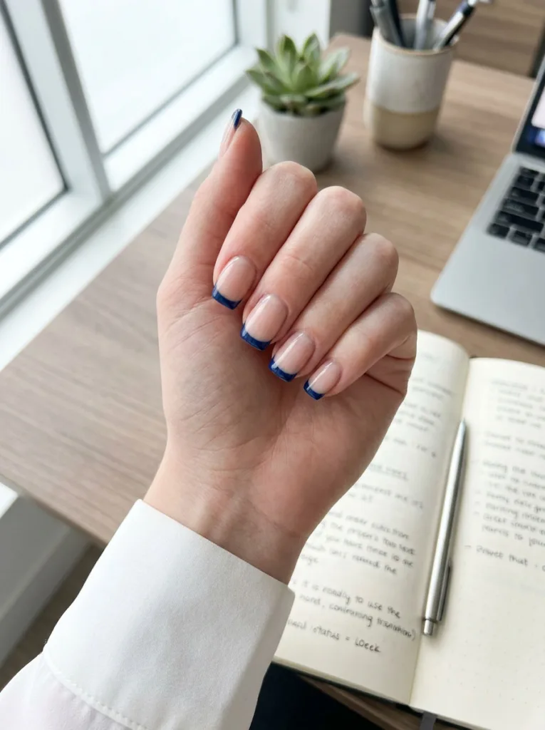 Navy winter nails with a modern french tip design
