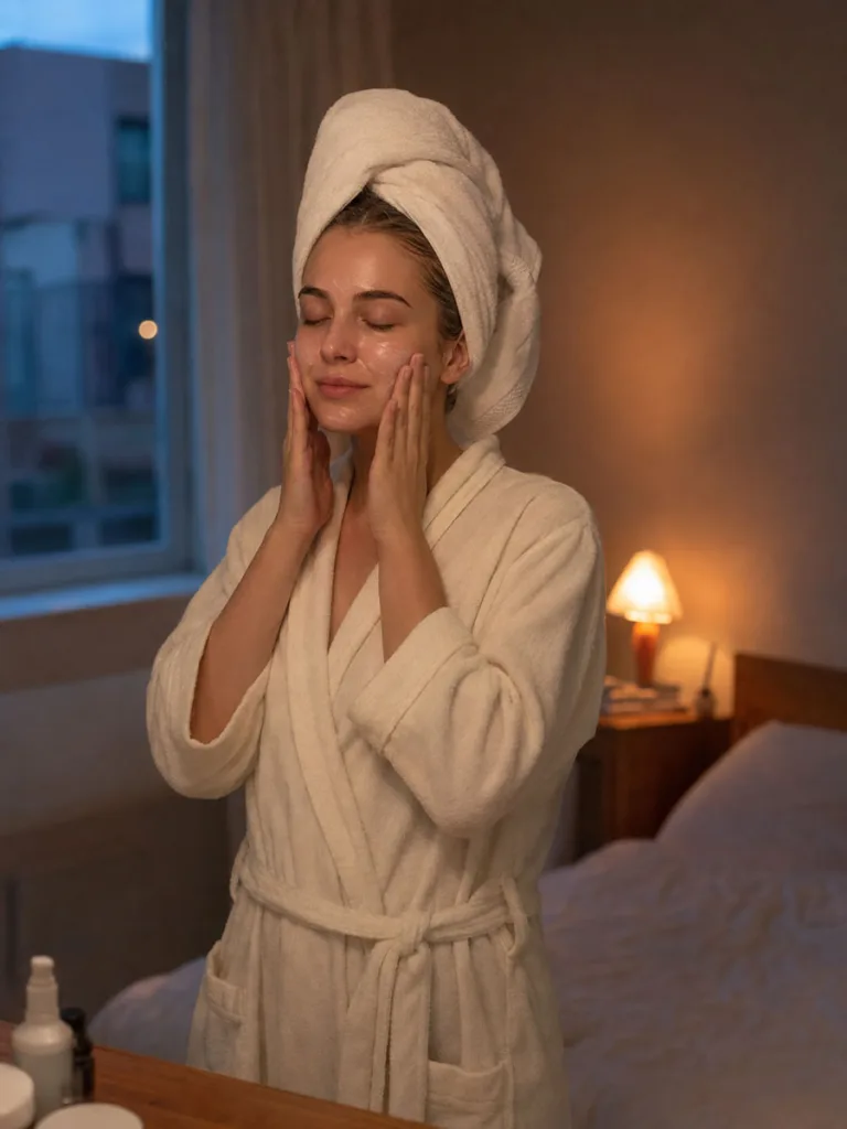Woman in her 20s moisturizing damp skin at night to lock in hydration