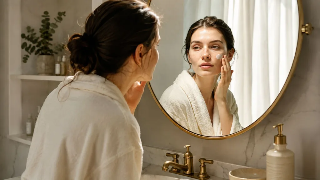 Woman in her 20s applying moisturizer as part of a routine to prevent aging in her 20s