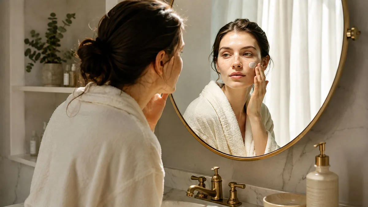 Woman in her 20s applying moisturizer as part of a routine to prevent aging in her 20s