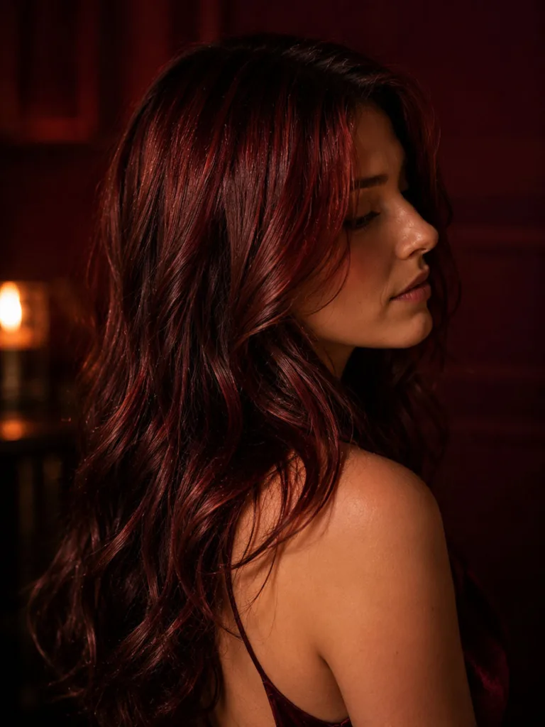 Rich mulled wine hair color against a vibrant candlelit burgundy backdrop