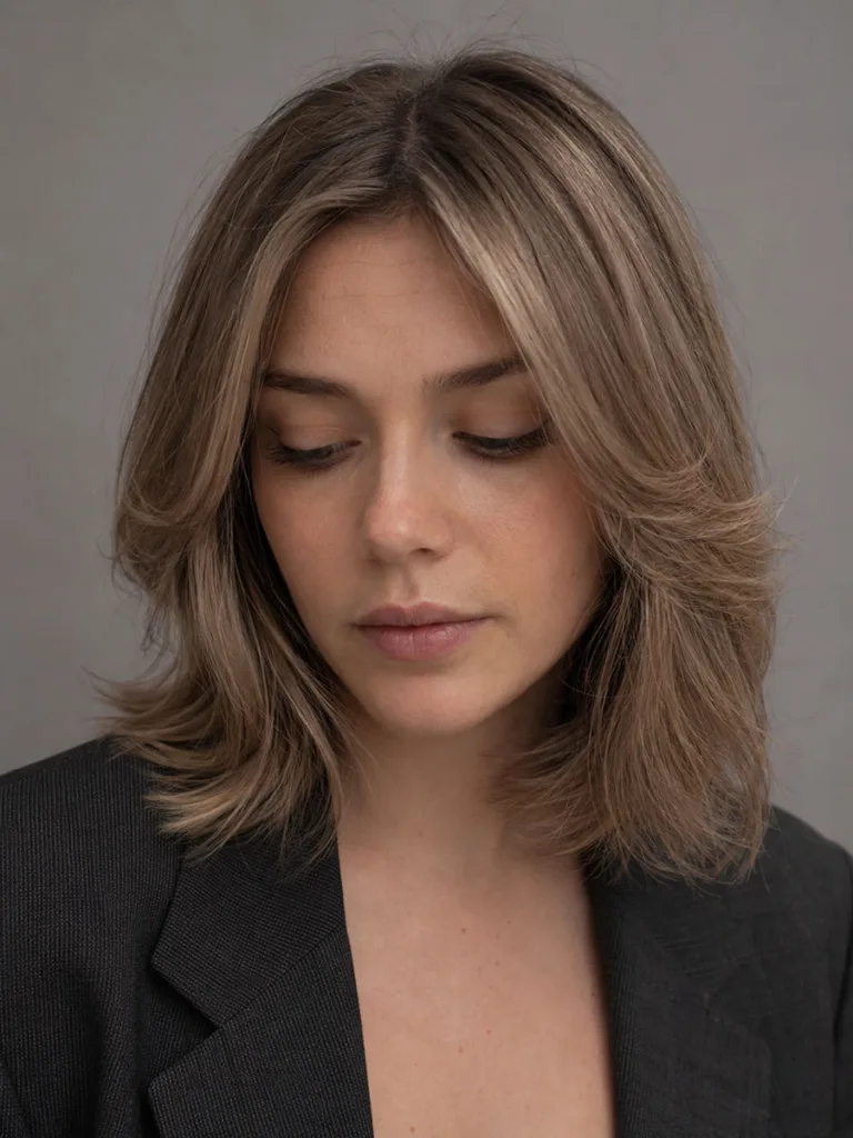 Woman with smoky mushroom blonde fall hair color in a neutral studio backdrop
