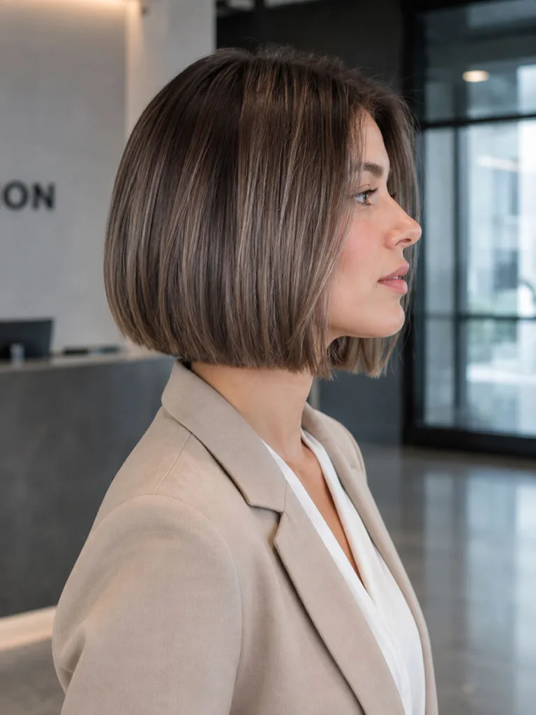Woman with mushroom brown balayage in a sleek blunt bob, office setting