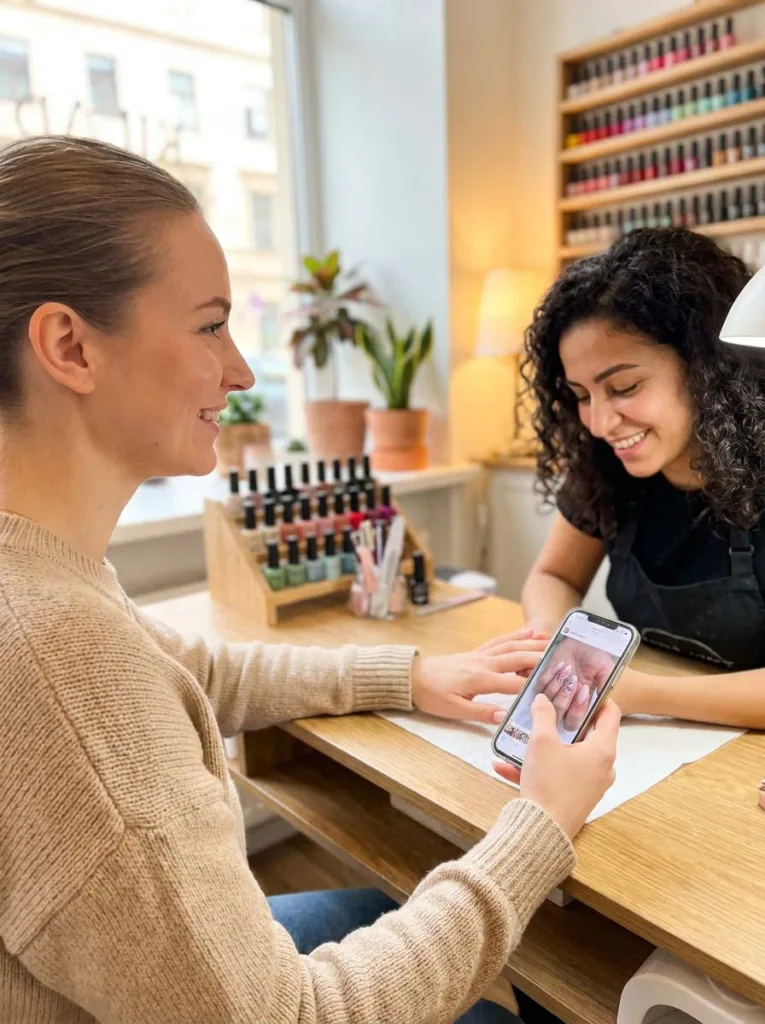 Client showing a reference photo to her nail technician at a salon