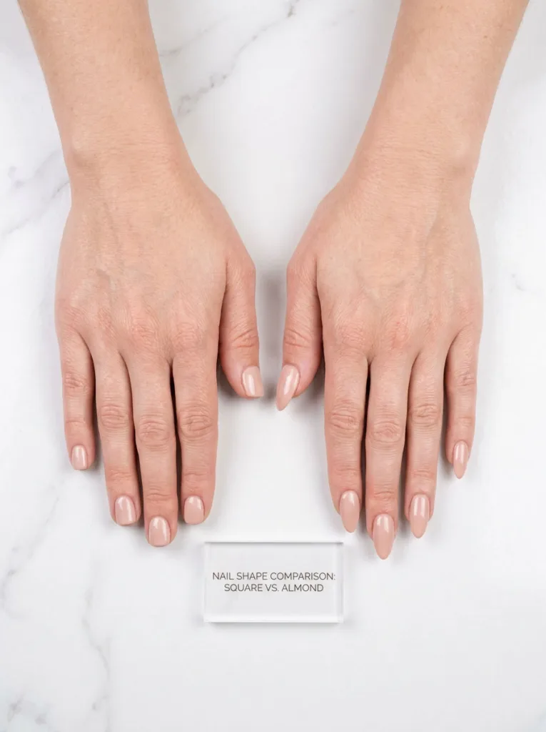 Comparison of almond and square birthday nail shapes on two hands