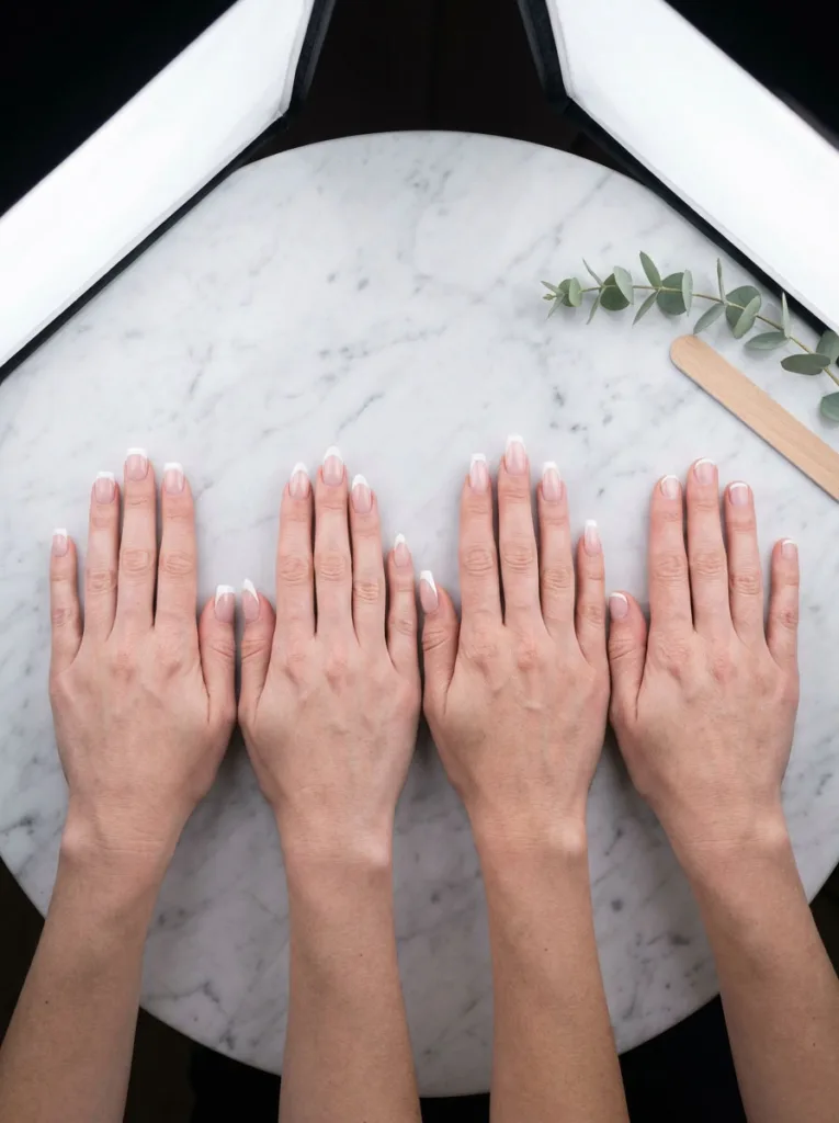 Comparison of square, almond, coffin, and round nail shapes for winter French tip nails