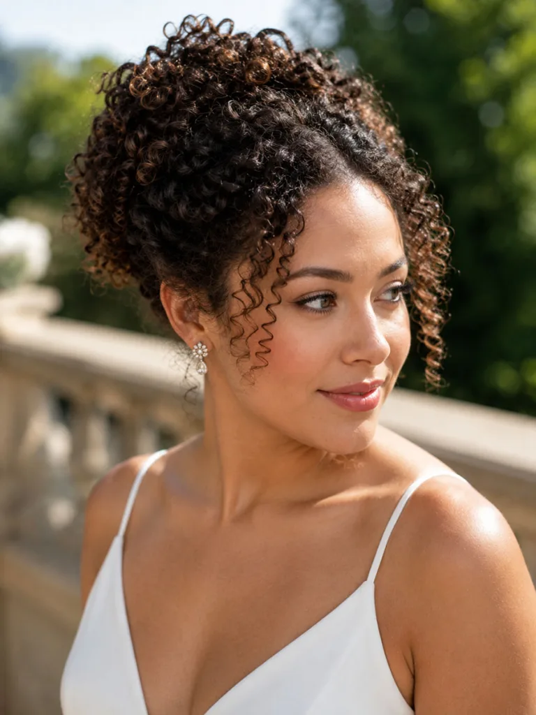 Natural coily curls wedding updo styled as a protective bridal hairstyle
