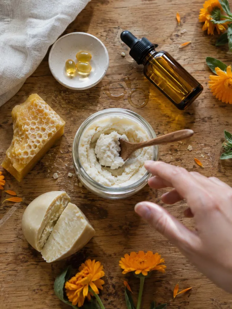 Ingredients for a natural body lotion recipe to heal dry skin
