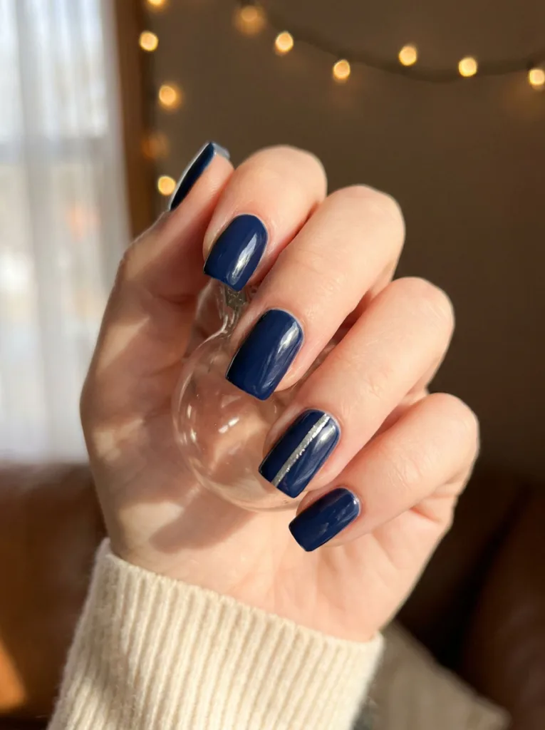 Navy winter nails with a silver stripe accent nail design