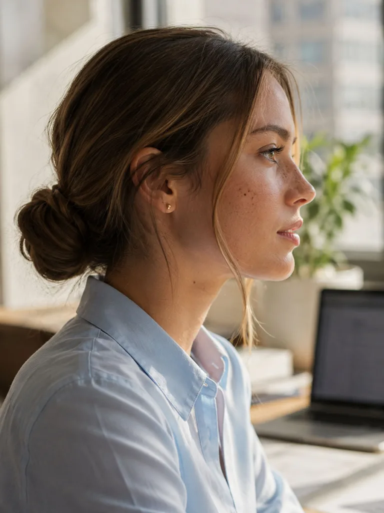 Woman with a polished low bun summer hairstyle at her office desk