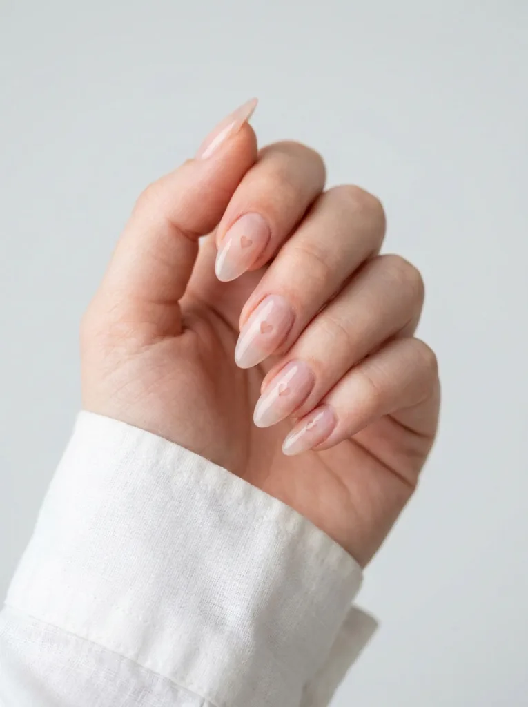 Fair-skinned hand with sheer negative space heart almond nails on gray backdrop