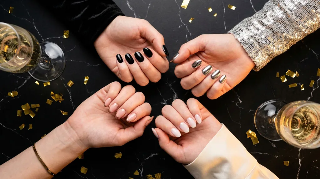 New years nails flat lay showing black, chrome, milky white, and rose gold manicure designs
