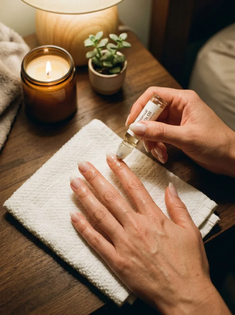 Fair-skinned hand applying cuticle oil for a nightly winter nail care routine