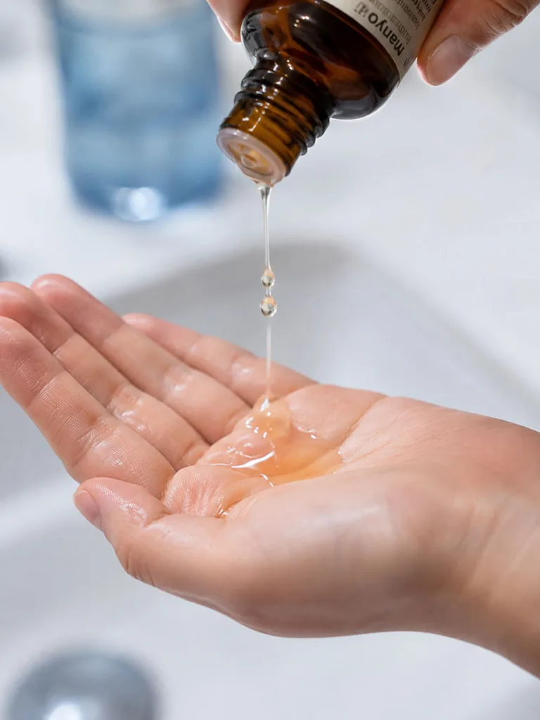 Close-up of oil-based cleanser being poured into a woman's palm before double cleansing