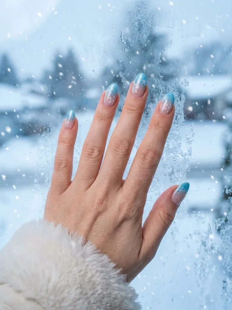 Hand with icy blue ombre French tip nails and snowflake details touching a frosted window