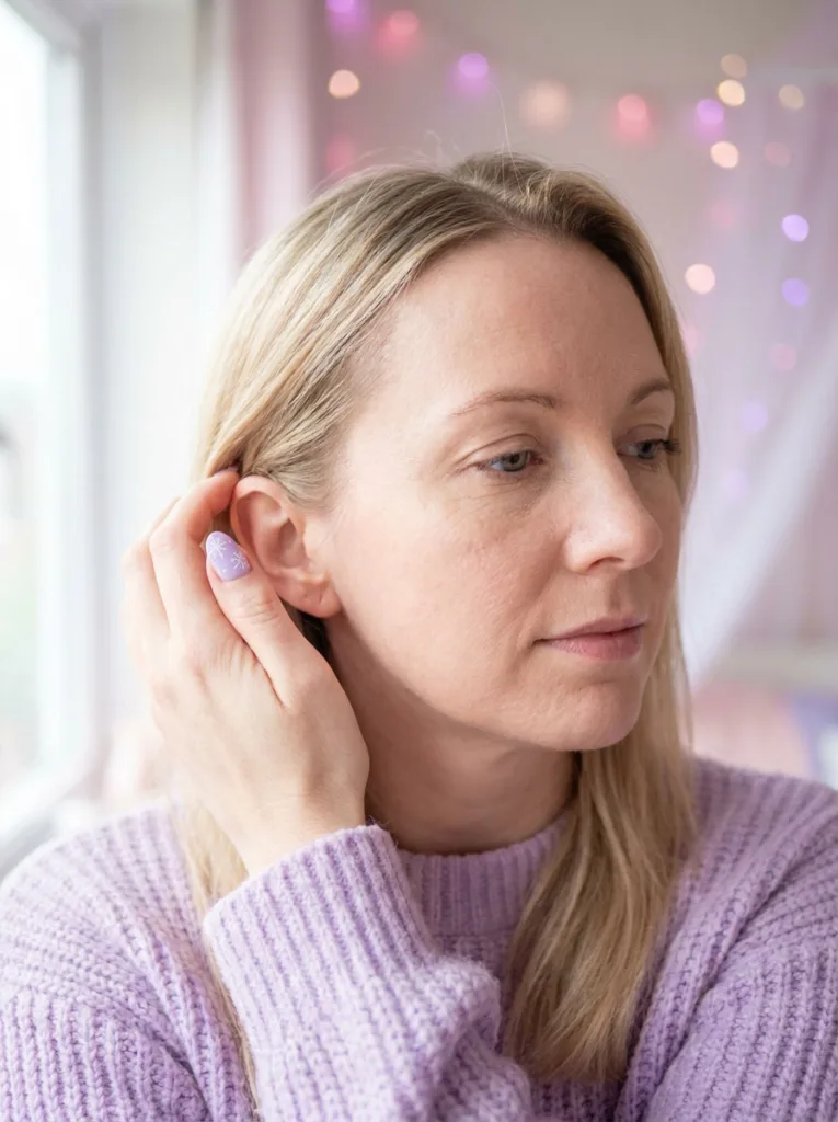 Fair-skinned model tucking hair behind her ear showing pastel lavender snowflake christmas nails.