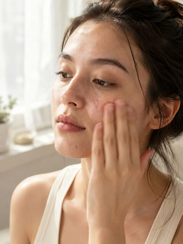 Woman gently patting toner into her cheek with fingertips for better absorption