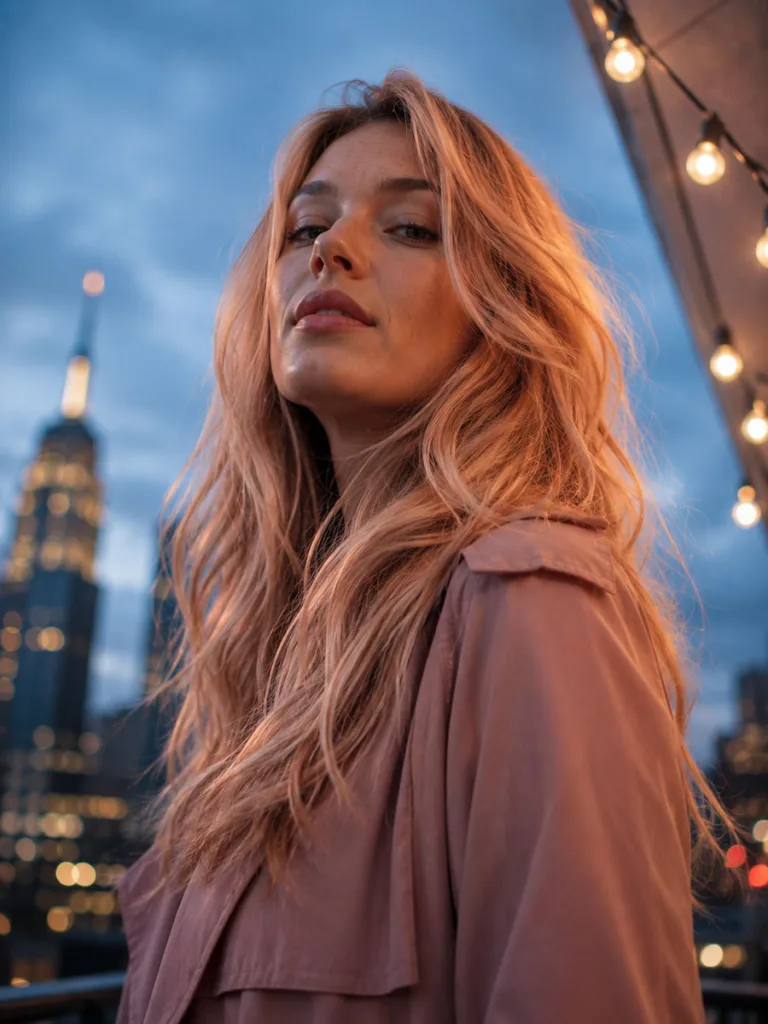 Woman with peach blonde fall hair color on a city rooftop at dusk
