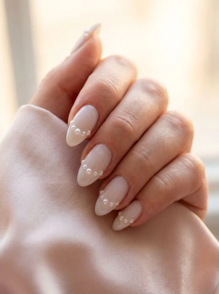Small pearls placed along the smile line of soft white French tips against a pale silk backdrop