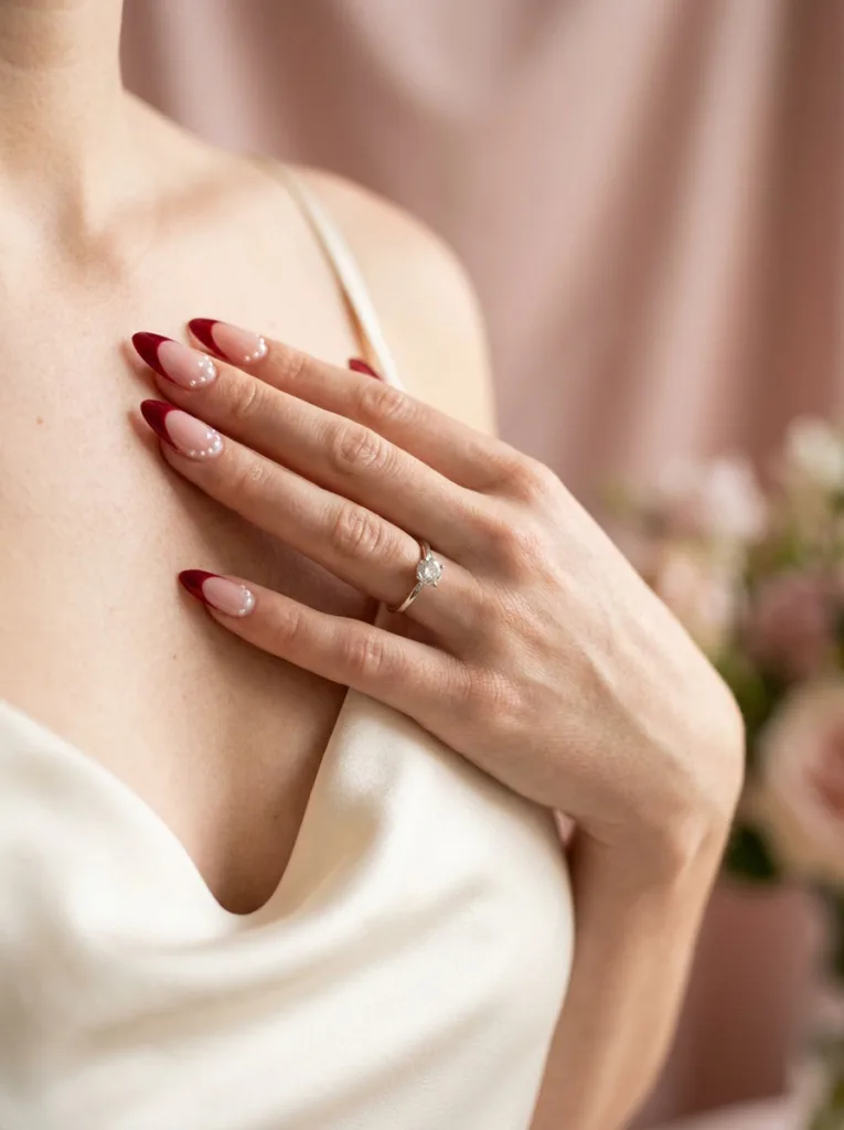 Hand with cherry red French tips and small pearl details near an engagement ring