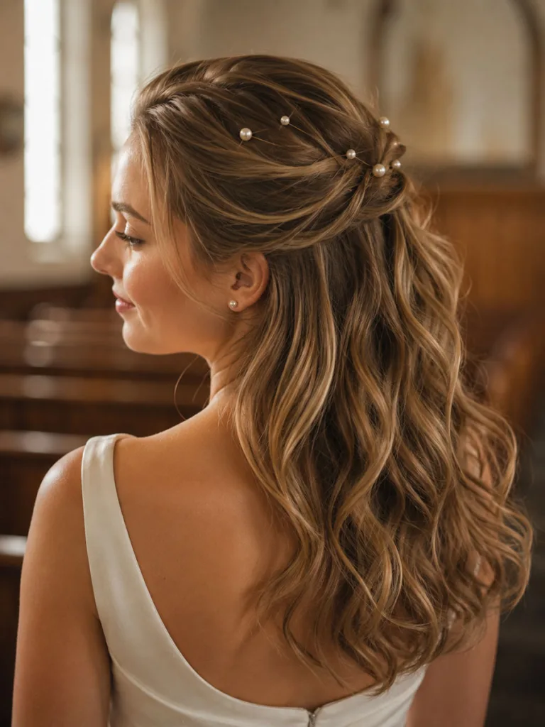 Pearl pinned half up hairstyle for a classic simple wedding look