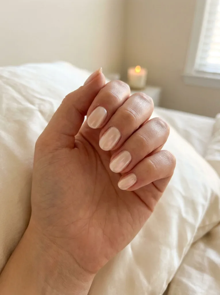 Pearl shimmer new years nails close-up