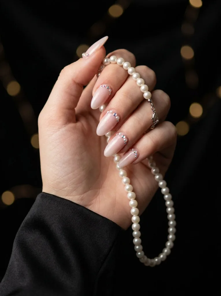 Fair-skinned hand with pearl and rhinestone almond nails holding a pearl necklace