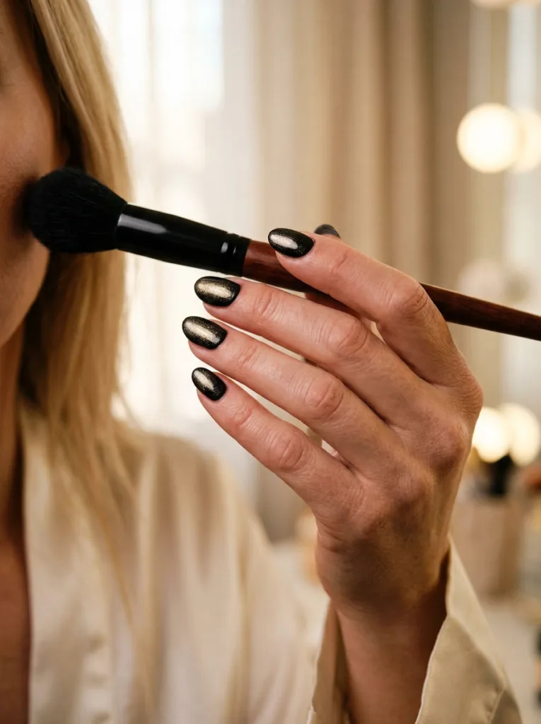 Close-up of a hand holding a makeup brush near the face, soft pearlescent black manicure