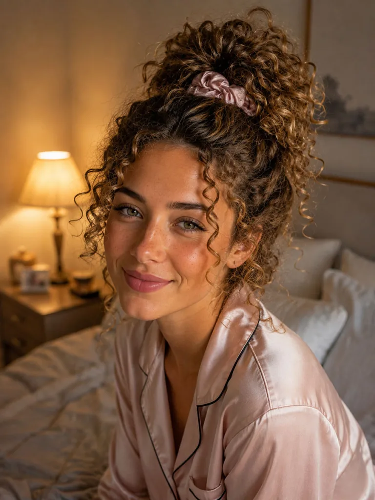 Woman with a pineapple updo summer hairstyle at bedtime