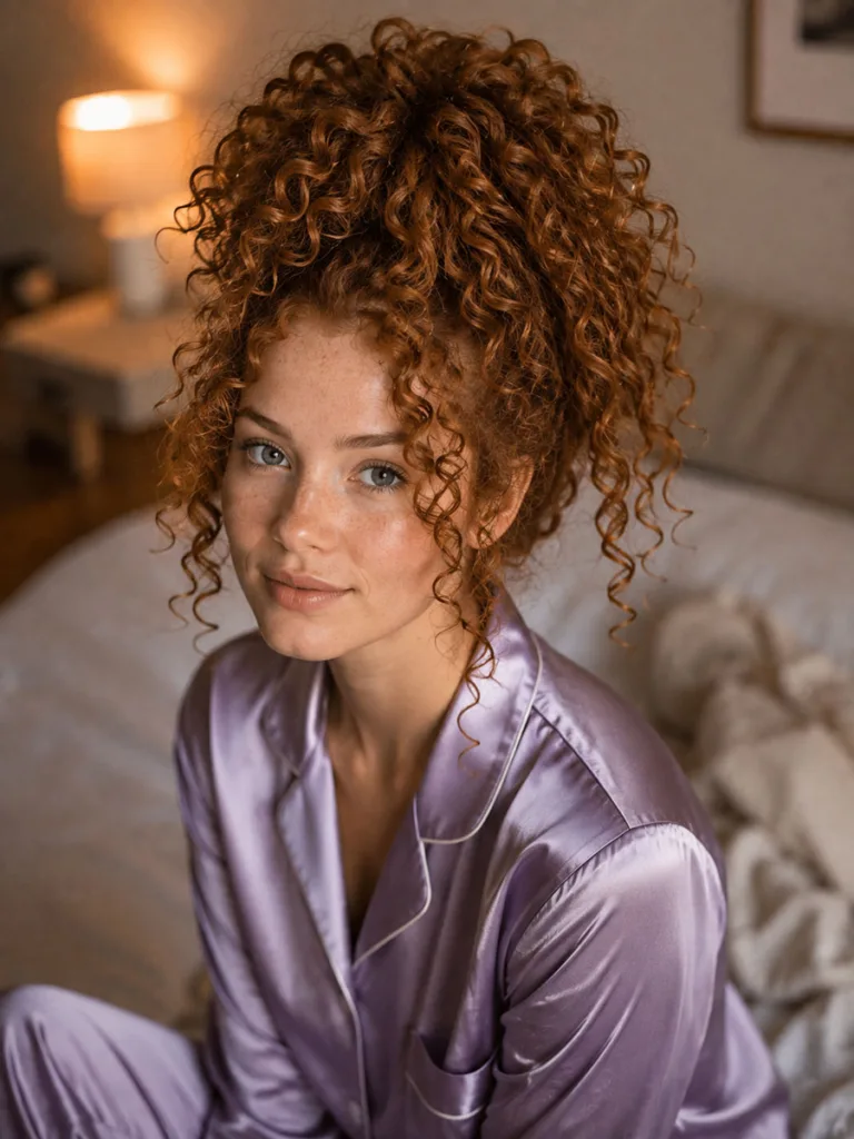 Woman with curly long hair styled in a high pineapple updo