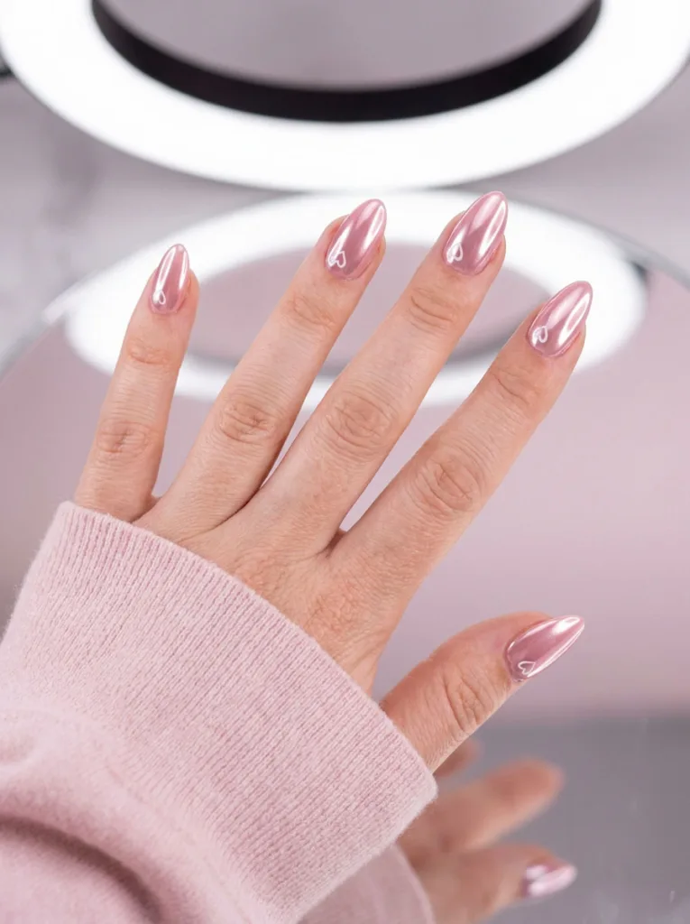 Fair-skinned hand with pink chrome almond nails and white heart outlines