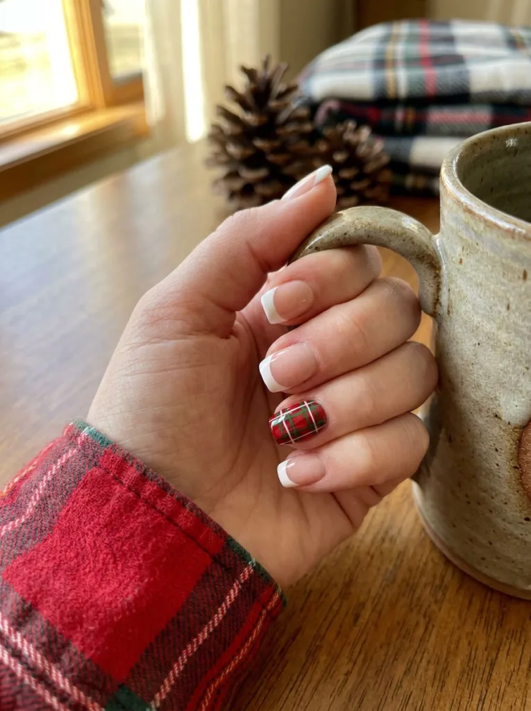 Hand with French tip nails and a red and green plaid accent nail holding a mug of cocoa