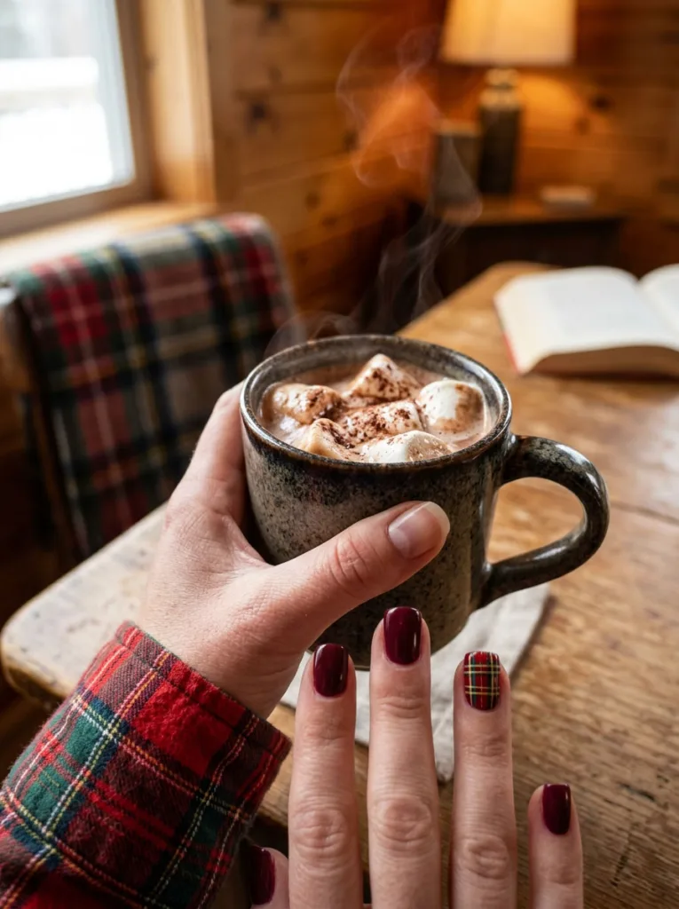 Fair-skinned hand with a plaid accent nail on square winter nails holding a mug of hot cocoa